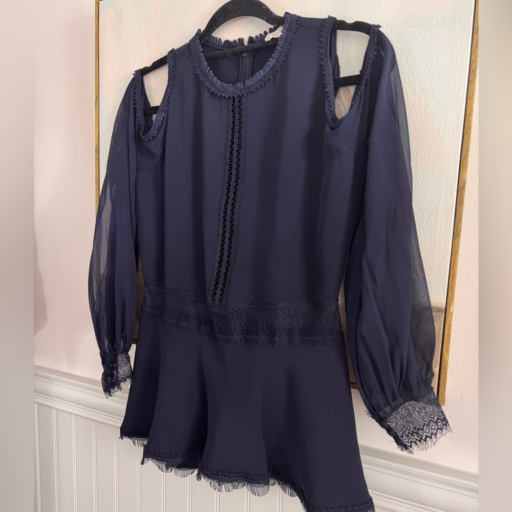 Jonathan Simkhai Cold Shoulder Lace Trim Blouse in Blue Silk - Picture 3 of 6